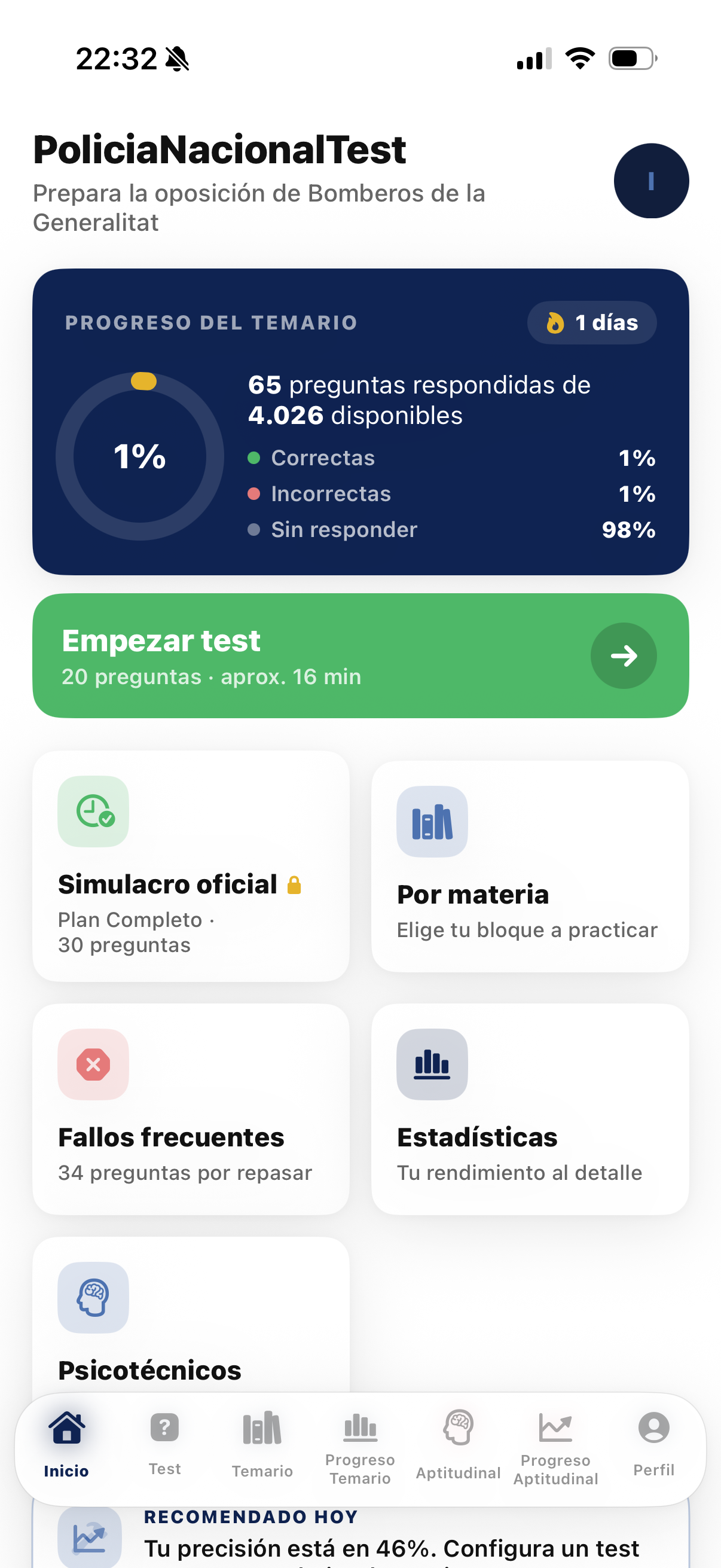 Pantalla de inicio de PolicíaNacionalTest con el progreso del temario