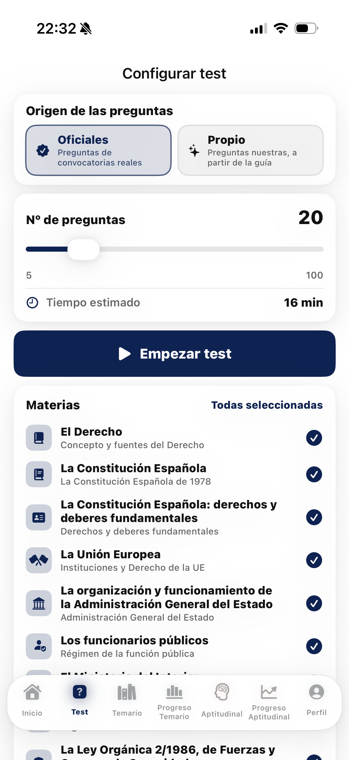 Configurar un test personalizado por materias