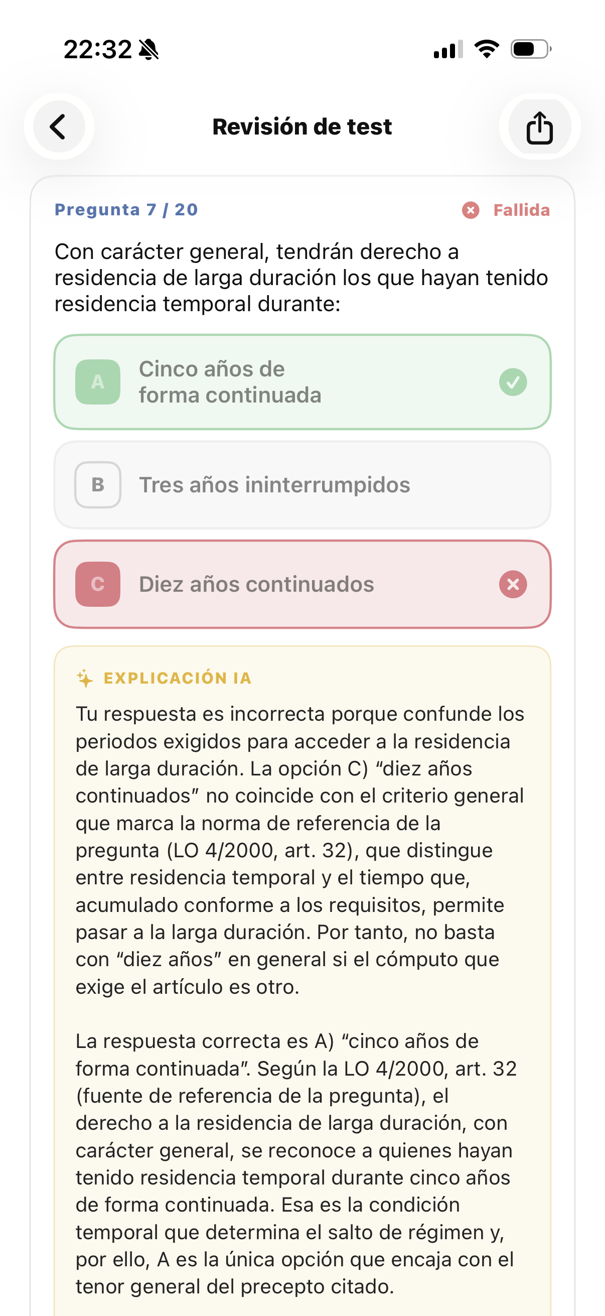 Revisión del test con explicación por IA